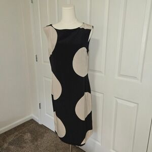 Muse Silk Shift Dress Womens 10 Black Cream Oversized Polka Dot Sleeveless Midi